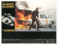 6h368 GETAWAY LC #5 '72 Steve McQueen with shotgun by burning police car, Sam Peckinpah classic!
