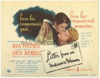 6h065 LETTER FROM AN UNKNOWN WOMAN TC '48 romantic art of Joan Fontaine & Louis Jourdan!