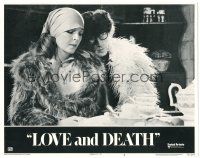 6h557 LOVE & DEATH LC #6 '75 close up of Woody Allen hugging Diane Keaton, both wearing fur!