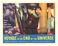 6h954 VOYAGE TO THE END OF THE UNIVERSE LC #7 '64 AIP, Ikarie XB 1, close up of guy with gun!