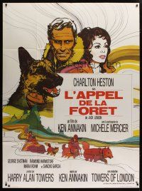 6k589 CALL OF THE WILD French 1p '73 cool Landi art of Charlton Heston, Michele Mercier & dog!