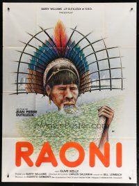 6k878 RAONI French 1p '78 wild artwork of Amazon native tribesman over his village & big city!