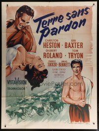 6k954 THREE VIOLENT PEOPLE French 1p R60s Roger Soubie art of Charlton Heston & sexy Anne Baxter!