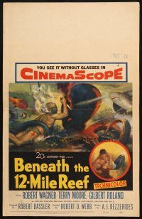 6k288 BENEATH THE 12-MILE REEF WC '53 cool art of scuba divers fighting octopus & shark!