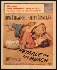 6k341 FEMALE ON THE BEACH WC '55 sexy art of Joan Crawford and Jeff Chandler kissing in the sand!