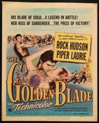 6k358 GOLDEN BLADE WC '53 romantic art of Rock Hudson kissing sexy Piper Laurie!