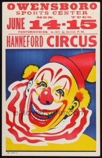 6k041 HANNEFORD CIRCUS Owensboro style circus poster '60s 3-ring, great artwork of laughing clown!