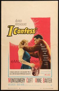 6k393 I CONFESS WC '53 Alfred Hitchcock, art of Montgomery Clift shaking Anne Baxter!