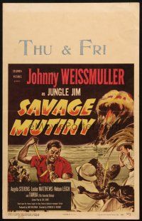 6k471 SAVAGE MUTINY WC '53 art of Johnny Weissmuller as Jungle Jim in knife fight!