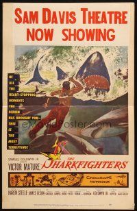 6k474 SHARKFIGHTERS WC '56 Victor Mature, cool artwork of man fighting sharks w/knife!