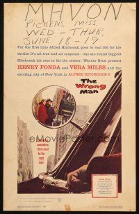 6k505 WRONG MAN WC '57 Henry Fonda, Vera Miles, Alfred Hitchcock, cool rear view mirror art!