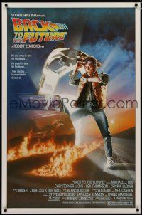 6m079 BACK TO THE FUTURE studio style 1sh '85 Zemeckis, art of Michael J. Fox & Delorean by Drew!