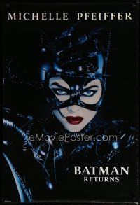 6m096 BATMAN RETURNS undated teaser 1sh '92 close-up of sexy Michelle Pfeiffer as Catwoman!