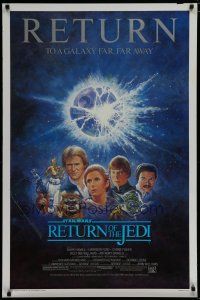 6m009 RETURN OF THE JEDI 1sh R85 George Lucas classic, Mark Hamill, Ford, Tom Jung art!