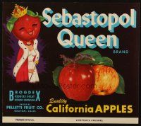 6p043 SEBASTOPOL QUEEN BRAND CALIFORNIA APPLES produce crate label '40s wacky cartoon art!