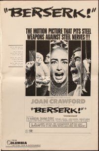6p453 BERSERK pressbook '67 Joan Crawford, sexy Diana Dors, pits steel weapons vs steel nerves!