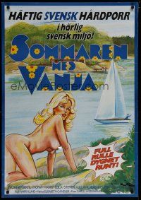 6r042 SOMMAREN MED VANJA Swedish '70s artwork of sexy naked woman sunbathing by lake!