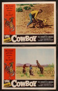 6s867 COWBOY 2 LCs '54 cool image of cowboys catching calf, roping bronco, cool border art!