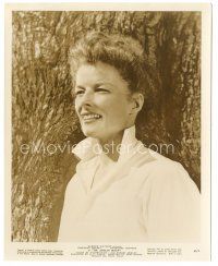 6t309 AFRICAN QUEEN 8x10 still '52 great close up of smiling Katharine Hepburn by tree!