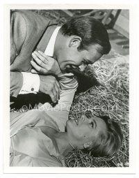6t596 GOLDFINGER 8x10.25 still '64 c/u of Sean Connery as James Bond & sexy Honor Blackman in hay!