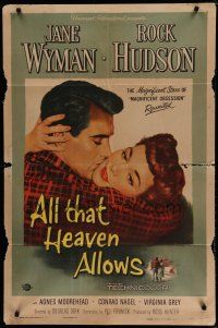 6w025 ALL THAT HEAVEN ALLOWS 1sh '55 close up romantic art of Rock Hudson kissing Jane Wyman!