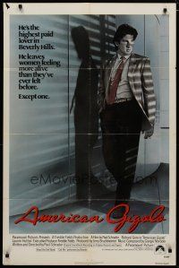 6w030 AMERICAN GIGOLO 1sh '80 handsomest male prostitute Richard Gere is being framed for murder!