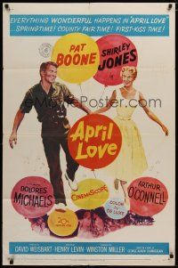6w047 APRIL LOVE 1sh '57 full-length romantic art of Pat Boone & sexy Shirley Jones!