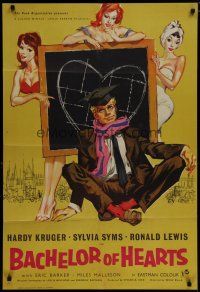 6w056 BACHELOR OF HEARTS English 1sh '58 Hardy Kruger, Sylvia Syms, great artwork of sexy girls!