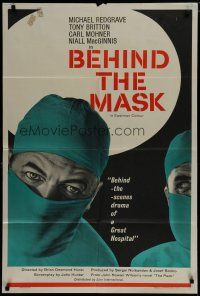 6w070 BEHIND THE MASK English 1sh '58 cool close up artwork of doctor Michael Redgrave!