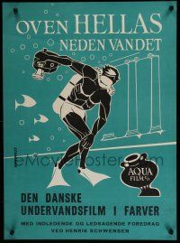 6y814 OVEN HELLAS NEDEN VANDET Danish '57 Lehmann artwork of underwater Olympian tossing camera!