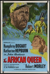 6y281 AFRICAN QUEEN English 1sh R50s colorful montage of Humphrey Bogart & Katharine Hepburn!