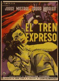 6y099 EL TREN EXPRESO Mexican poster '55 Jorge Mistral, Laura Hidalgo, cool train artwork!