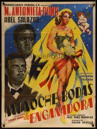 6y101 LA ENGANADORA Mexican poster '55 beautiful bride being shot by Cupid, The Deceiver!