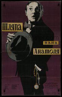 6y552 KAPELUSZ PANA ANATOLA Russian 25x39 '58 Manukhin artwork of surprised man!