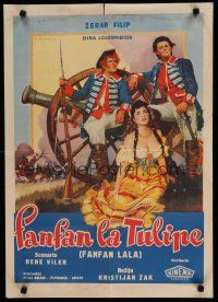 6y177 FANFAN THE TULIP Yugoslavian '53 art of Gerard Philipe in title role & Gina Lollobrigida!
