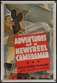 6z008 ADVENTURES OF A NEWSREEL CAMERAMAN linen 1sh '38 cool stone litho of camera by speedy train!