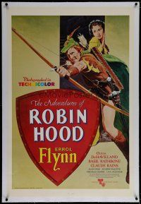 6z010 ADVENTURES OF ROBIN HOOD linen 1sh R76 art of Errol Flynn with bow & arrow, Curtiz classic!