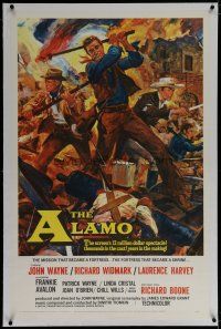 6z012 ALAMO linen 1sh '60 Brown art of John Wayne & Richard Widmark in the War of Independence!