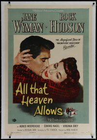 6z013 ALL THAT HEAVEN ALLOWS linen 1sh '55 close up romantic art of Rock Hudson kissing Jane Wyman!