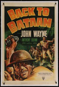 6z025 BACK TO BATAAN linen 1sh '45 art of John Wayne with grenade & Anthony Quinn in World War II!