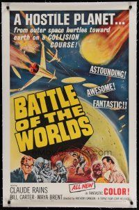 6z027 BATTLE OF THE WORLDS linen 1sh '63 cool sci-fi, flying saucers from a hostile enemy planet!
