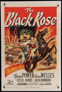 6z040 BLACK ROSE linen 1sh '50 great fiery action artwork of Tyrone Power & Orson Welles!