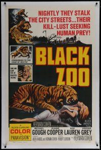 6z041 BLACK ZOO linen 1sh '63 cool horror image of fang and claw killers stalking the city streets!