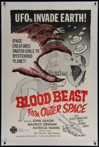 6z047 BLOOD BEAST FROM OUTER SPACE linen 1sh '66 UFOs invade Earth, creatures snatch sexy girls!