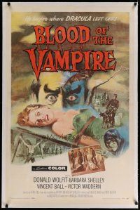6z048 BLOOD OF THE VAMPIRE linen 1sh '58 begins where Dracula left off, art of monster & sexy girl!