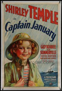 6z061 CAPTAIN JANUARY linen style B 1sh '36 great Fox stone litho of cutest sailor Shirley Temple!
