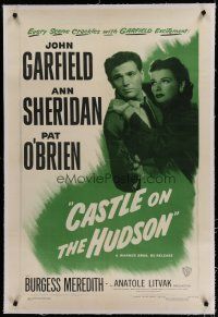 6z067 CASTLE ON THE HUDSON linen 1sh R49 close up of Ann Sheridan holding John Garfield with gun!