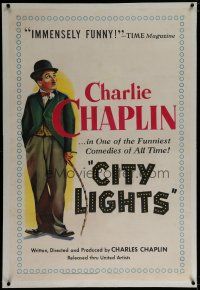 6z069 CITY LIGHTS linen 1sh R50 full-length artwork of Charlie Chaplin as the Tramp with cane!