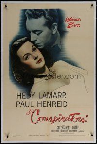 6z078 CONSPIRATORS linen 1sh '44 freedom fighter Paul Henreid nuzzles the hair of sexy Hedy Lamarr!