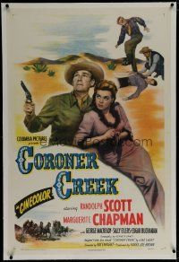 6z083 CORONER CREEK linen 1sh '48 Randolph Scott holds Marguerite Chapman as he points his gun!